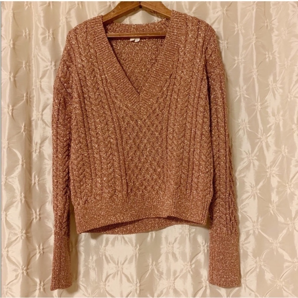 Veronica Beard Rose Gold “Amalia” V Neck Cable Knit Pullover Sweater